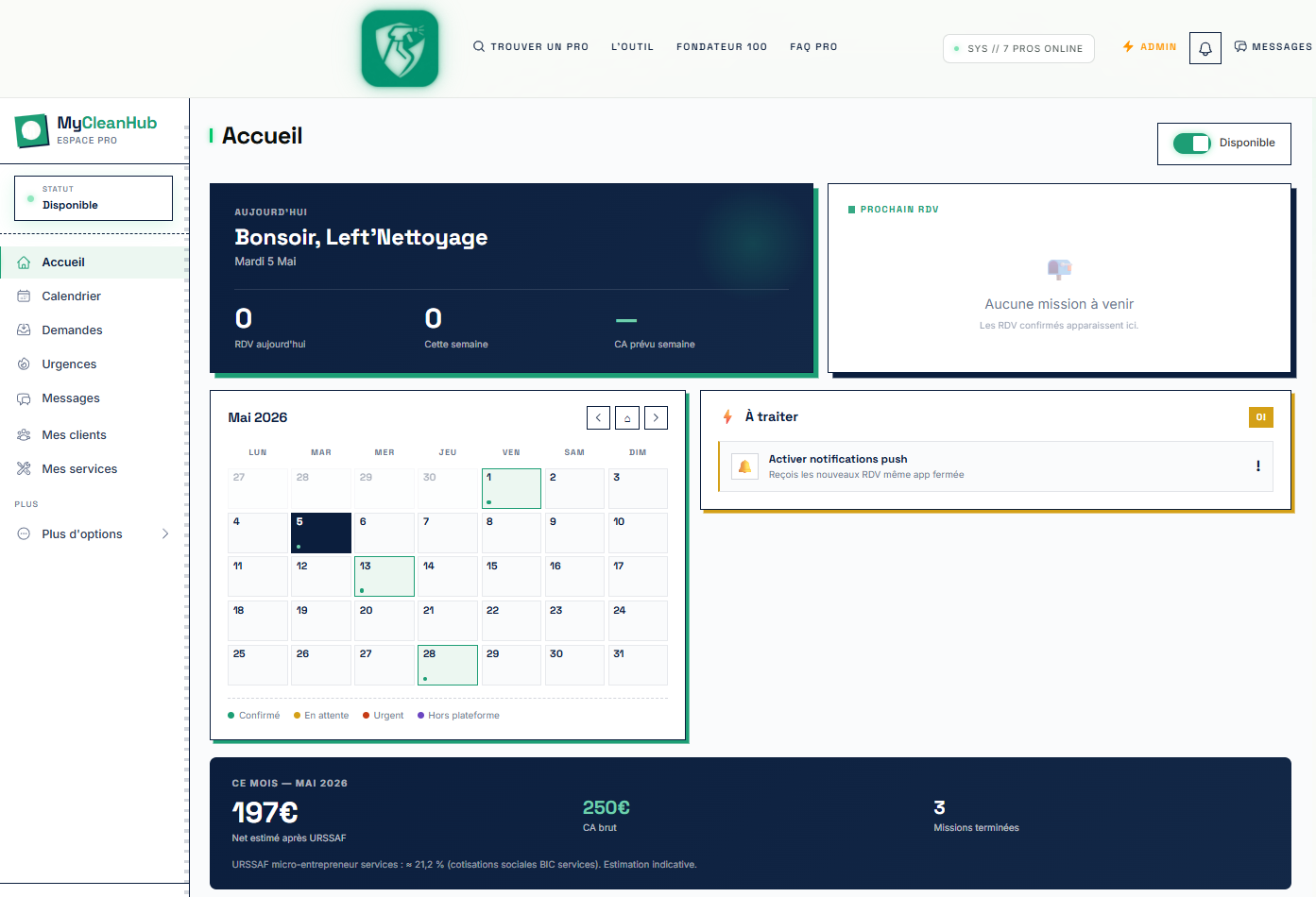 Dashboard pro — accueil, calendrier, prochaines missions, CA du mois