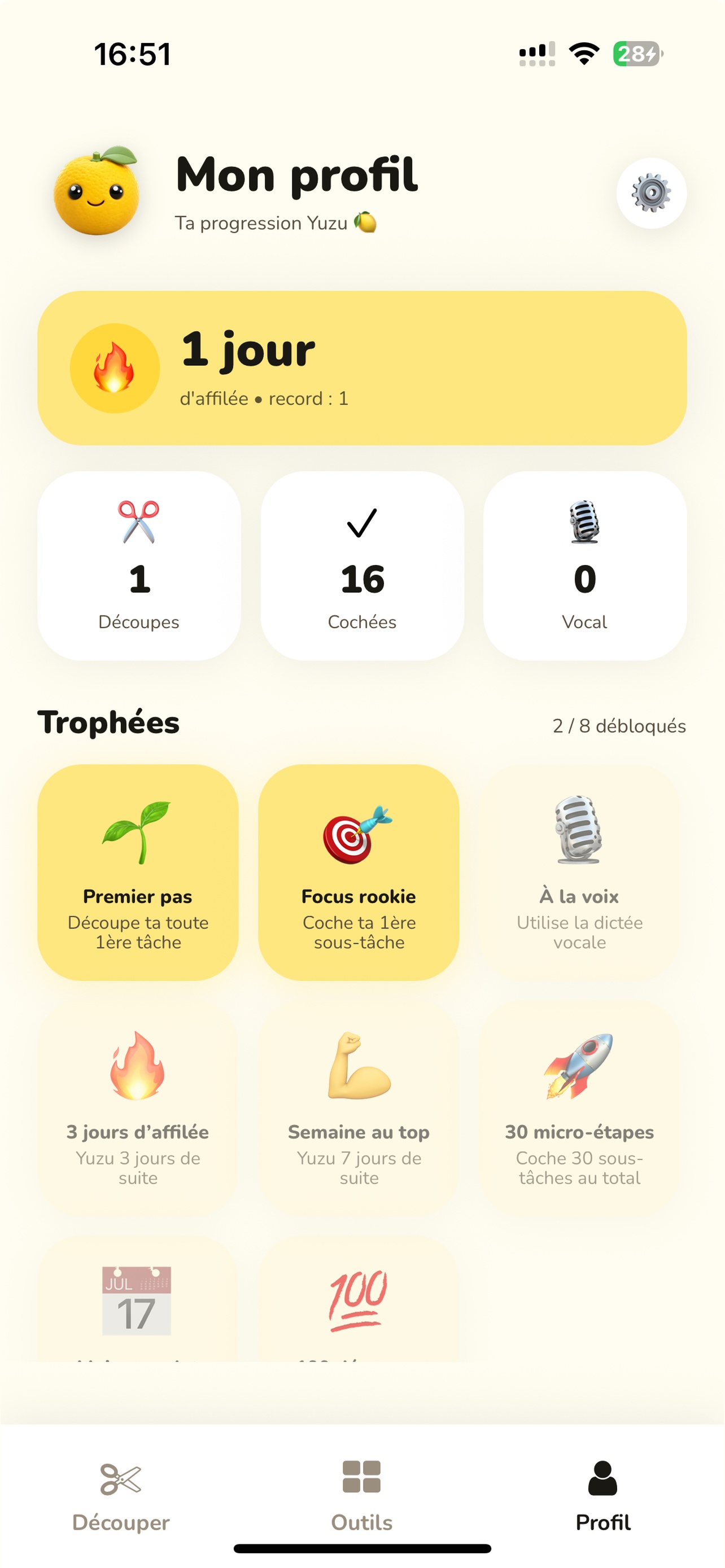 Yuzu — profil, streak, stats, trophées